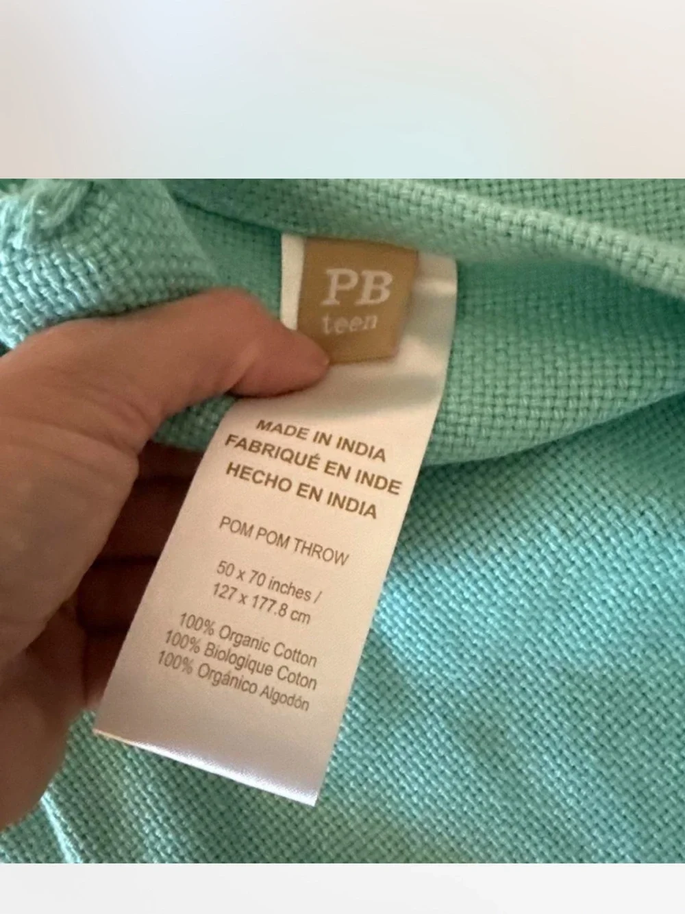 Pottery Barn Teen Mint Pom-Pom Throw with Pink Monogram
